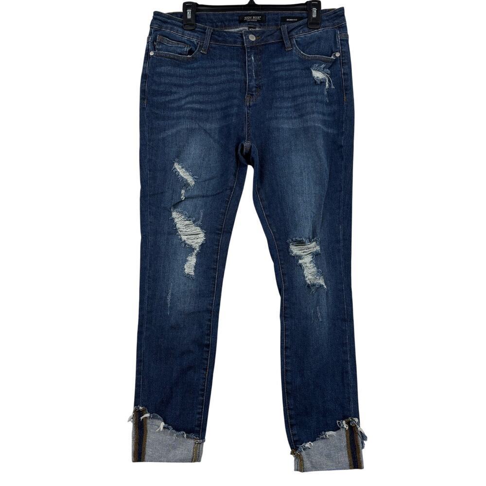 Judy Blue Cuffed Ankle Jeans Size 15 Skinny Fit Distressed Raw Hem Stretch Denim - Picture 1 of 13